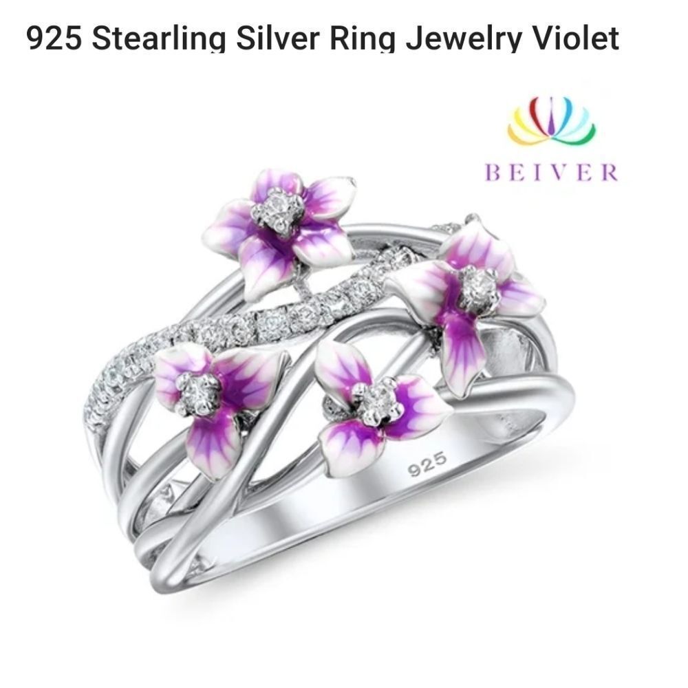 New Sterling Silver Purple Flower size 6